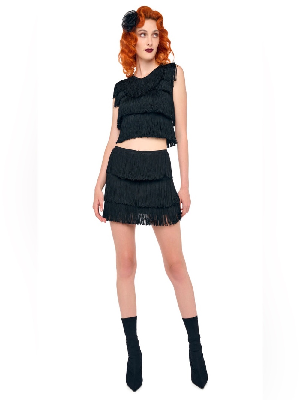 Norma Kamali Fringe Cropped Sleeveless Top Tiered Fringe Women’s M